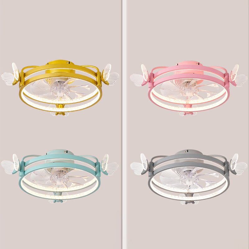 Macaron Circular Ceiling Fan Light Fixture Metal Childrens Bedroom LED Semi Flush Mount