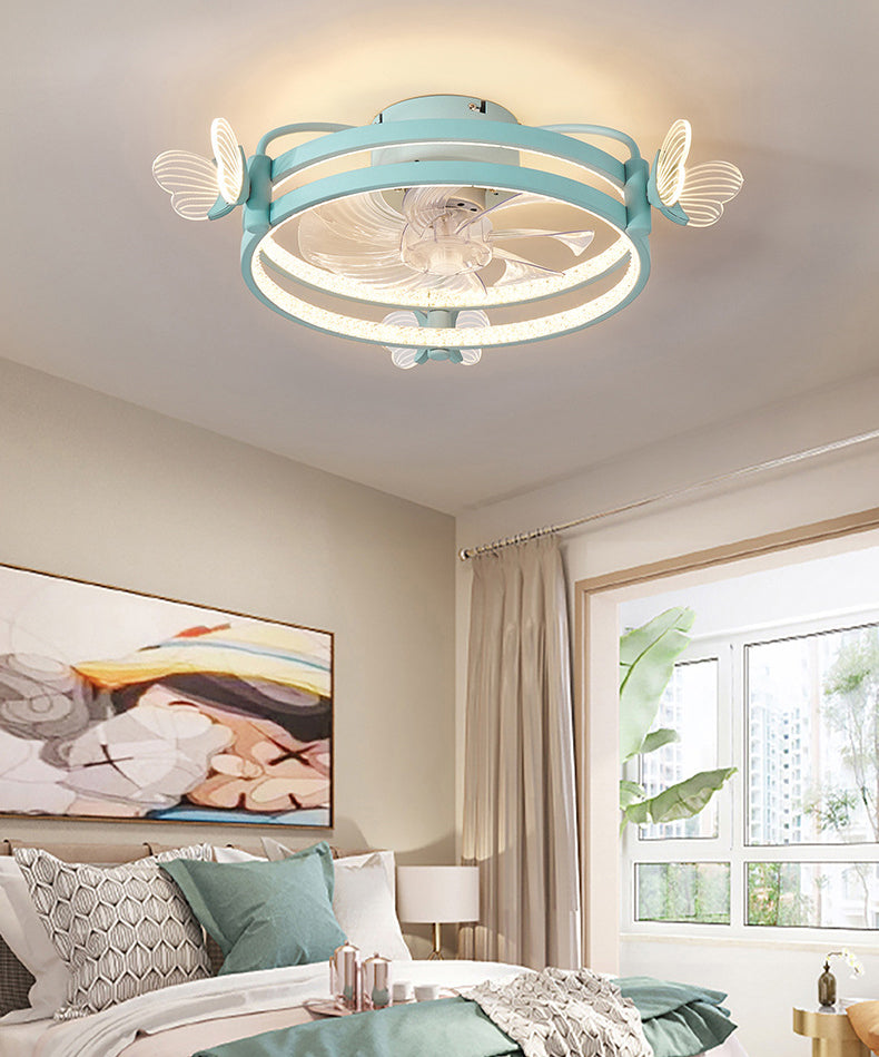 Macaron Circular Ceiling Fan Light Fixture Metal Childrens Bedroom LED Semi Flush Mount