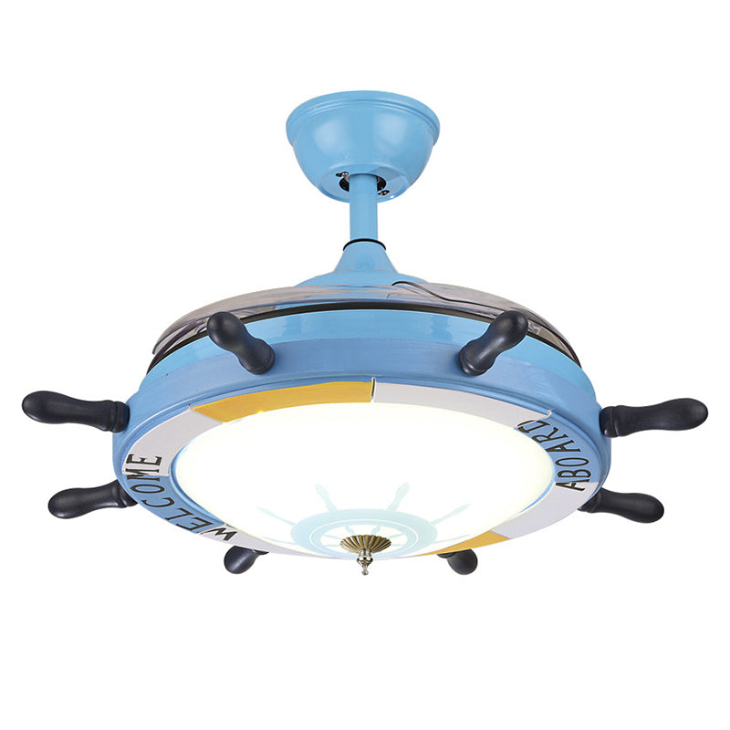 Blue Rudder Pendant Fan Lamp Mediterranean Metal LED Semi Flush Light with Dome Shade