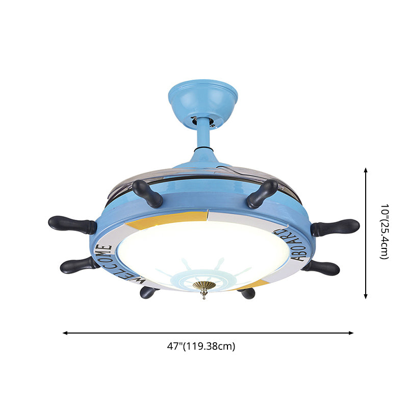 Lampada per ventola a ciondolo blu timone in metallo a LED in metallo semifulto con ombra a cupola