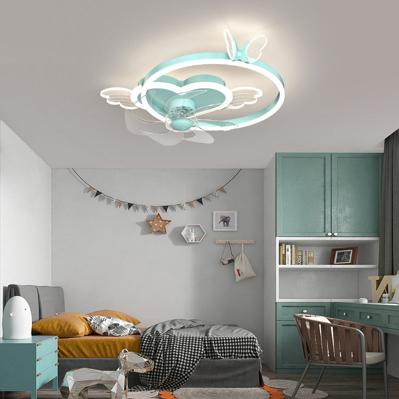 Remote Control Heart Shaped Acrylic Fan Lamp Cartoon LED Semi Flush Ceiling Light for Kids Room