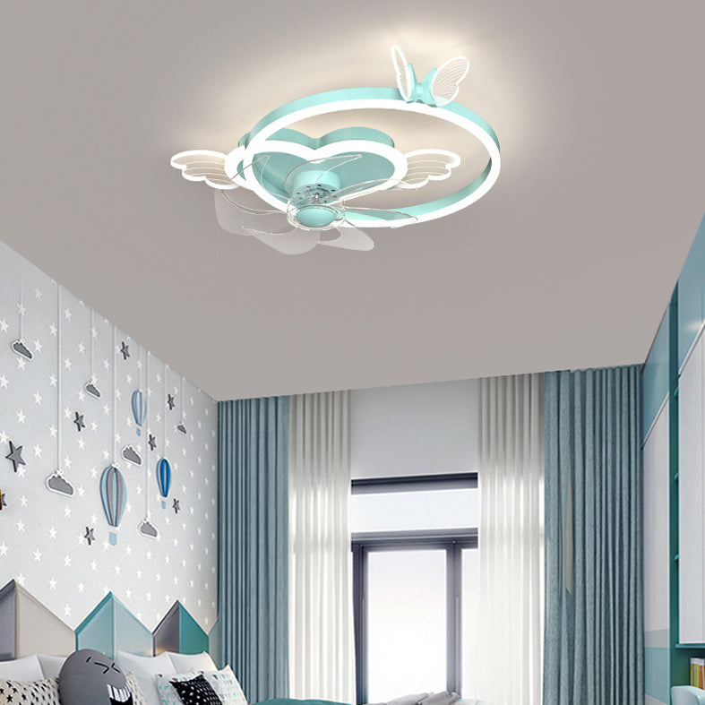 Remote Control Heart Shaped Acrylic Fan Lamp Cartoon LED Semi Flush Ceiling Light for Kids Room