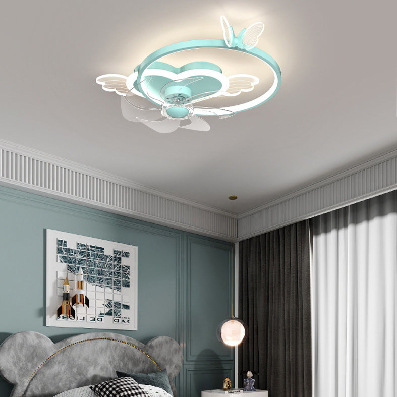 Remote Control Heart Shaped Acrylic Fan Lamp Cartoon LED Semi Flush Ceiling Light for Kids Room