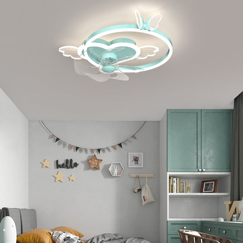 Remote Control Heart Shaped Acrylic Fan Lamp Cartoon LED Semi Flush Ceiling Light for Kids Room