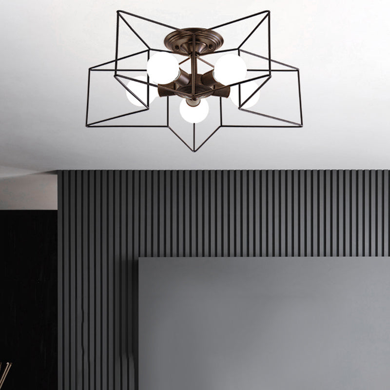 Star Ceiling Mount Chandelier Industrial Style Black Metal Close to Ceiling Lighting