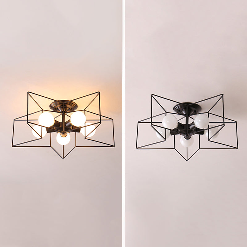 Star Ceiling Mount Chandelier Industrial Style Black Metal Close to Ceiling Lighting