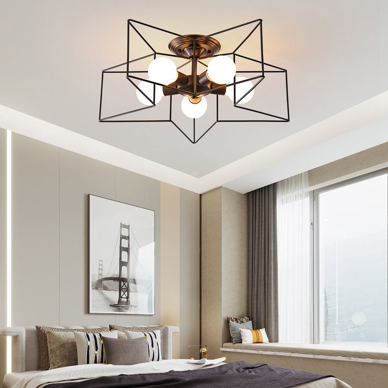 Star Ceiling Mount Chandelier Industrial Style Black Metal Close to Ceiling Lighting