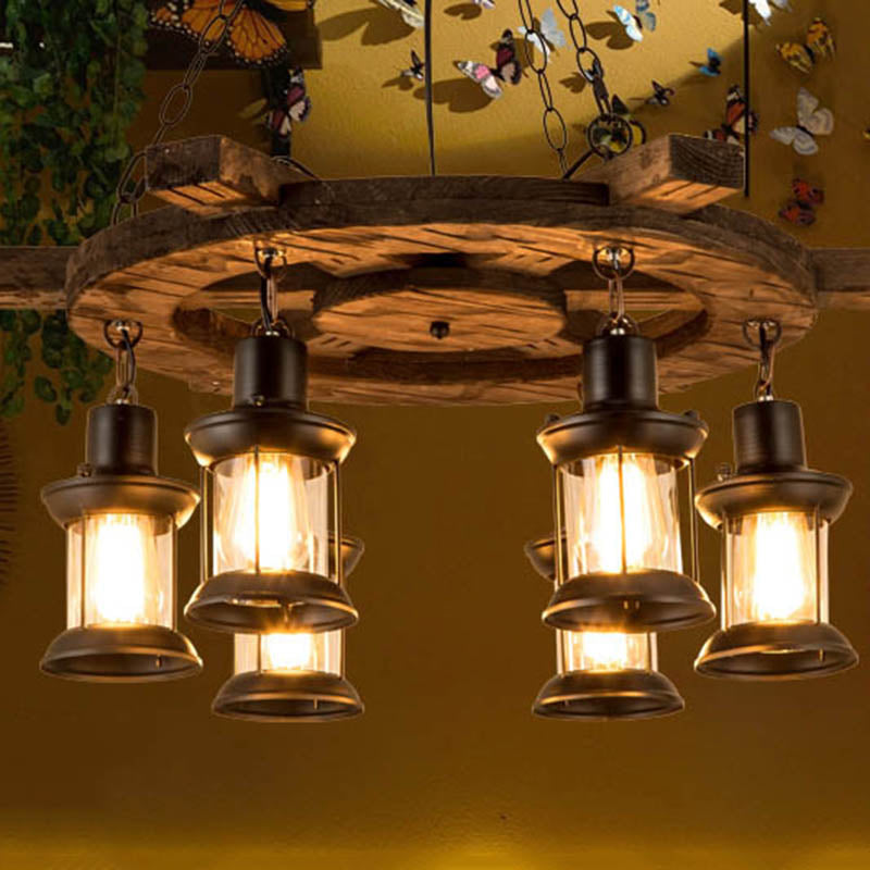 Wood Black Pendant Chandelier Wagon Wheel Industrial-Style Hanging Pendant Light