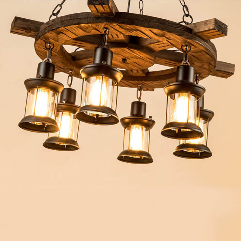 Wood Black Pendant Chandelier Wagon Wheel Industrial-Style Hanging Pendant Light