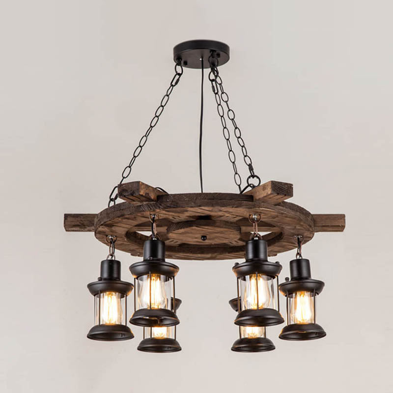 Wood Black Pendant Chandelier Wagon Wheel Industrial-Style Hanging Pendant Light