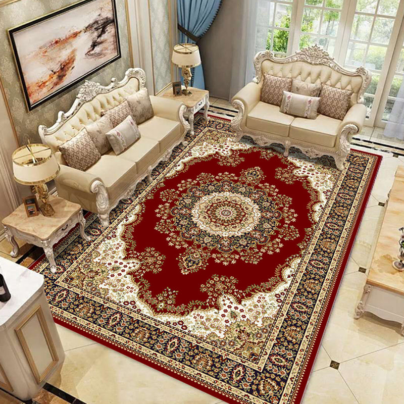 Red Tone Luxury Area Rug Polyester Medallion Rug Non-Slip Backing Indoor Rug for Home Decoration