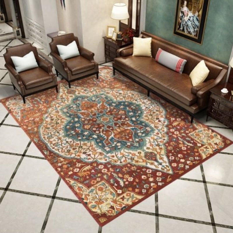 Red Tone Vintage Area Rug Polyester Medallion Print Rug Non-Slip Backing Indoor Rug for Living Room