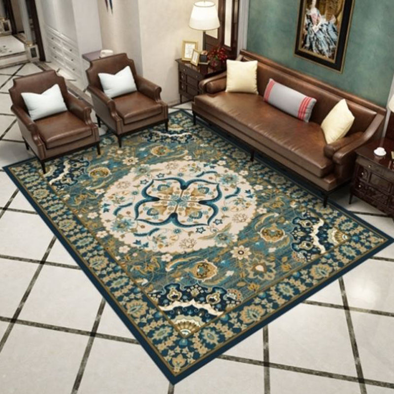 Red Tone Vintage Area Rug Polyester Medallion Print Rug Non-Slip Backing Indoor Rug for Living Room