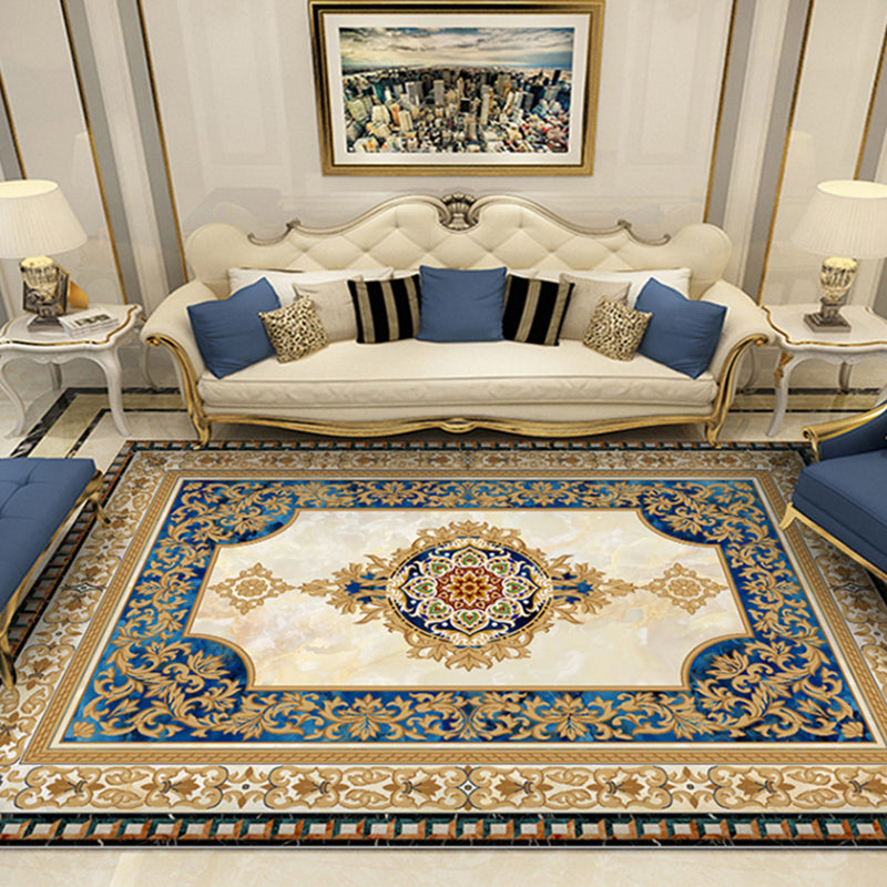 Blue Tone Luxury Area Rug Polyester European Print Rug Non-Slip Backing Indoor Rug for Living Room