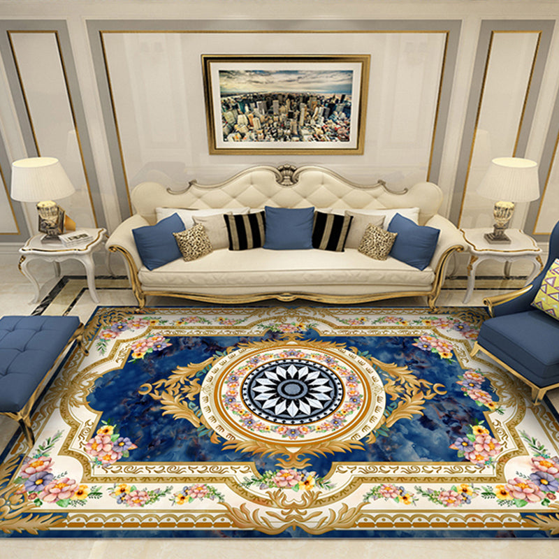 Blauer Ton Luxusbereich Teppich Polyester Europäischer Druckteppich nicht rutschfestem Innenteppich für Wohnzimmer