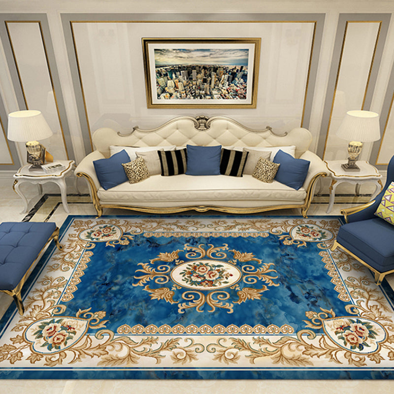 Blue Tone Luxury Area Rug Polyester European Print Rug Non-Slip Backing Indoor Rug for Living Room