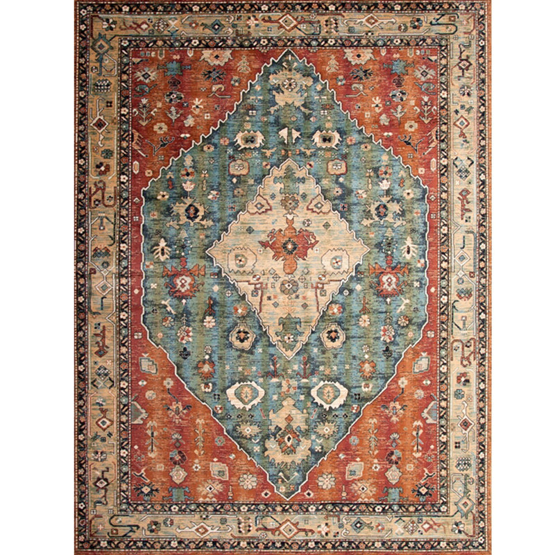 Traditional Medallion Carpet Red Tone Polyester Rug Anti-Slip Backing Carpet for Home Decoration