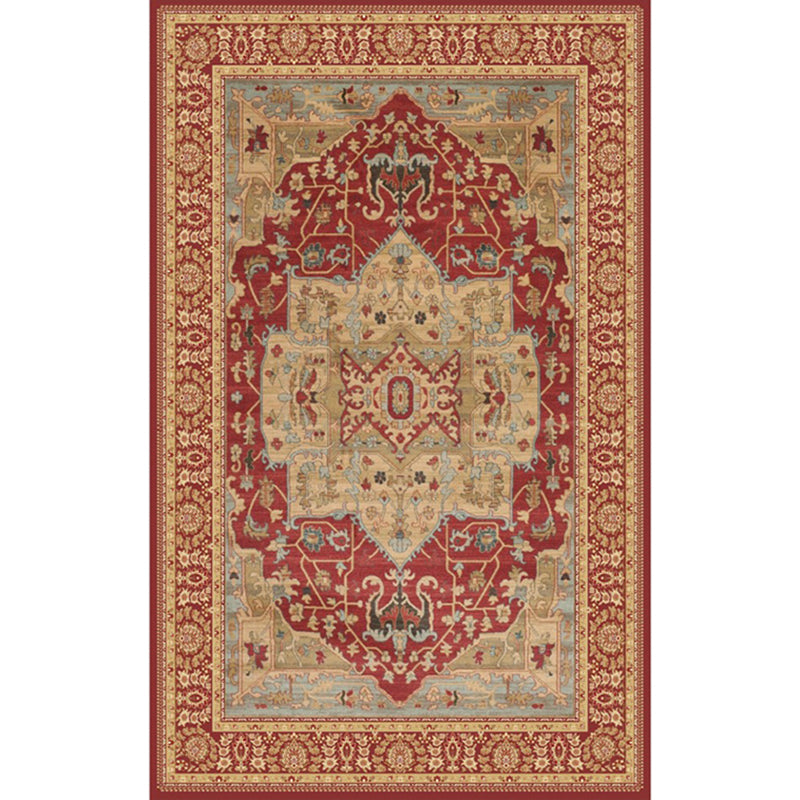 Traditional Medallion Carpet Red Tone Polyester Rug Anti-Slip Backing Carpet for Home Decoration