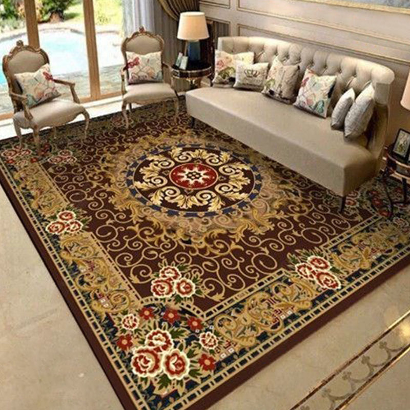 Brown Tone Olden Area Carpet Polyester Concentric Circle Indoor Rug Easy Care Carpet for Living Room