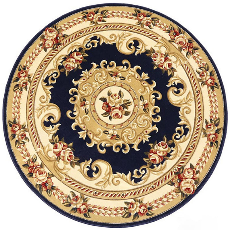 Round Yellow Tone Retro Carpet Polyester European Print Rug Non-Slip Backing Indoor Rug for Bedroom