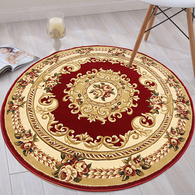 Round Yellow Tone Retro Carpet Polyester European Print Rug Non-Slip Backing Indoor Rug for Bedroom