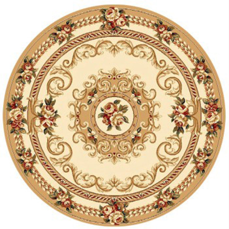 Round Yellow Tone Retro Carpet Polyester European Print Rug Non-Slip Backing Indoor Rug for Bedroom