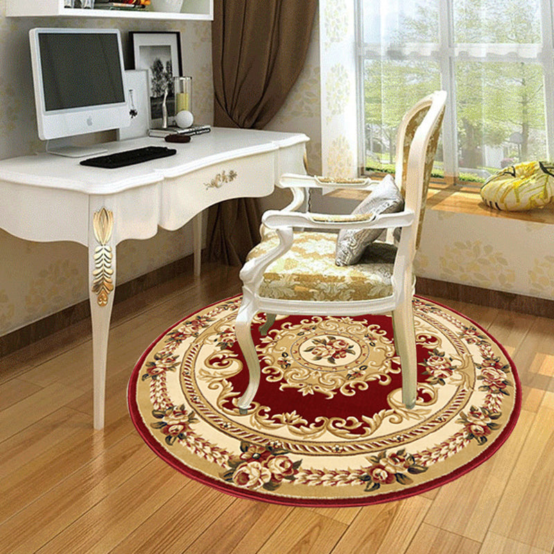 Round Yellow Tone Retro Carpet Polyester European Print Rug Non-Slip Backing Indoor Rug for Bedroom