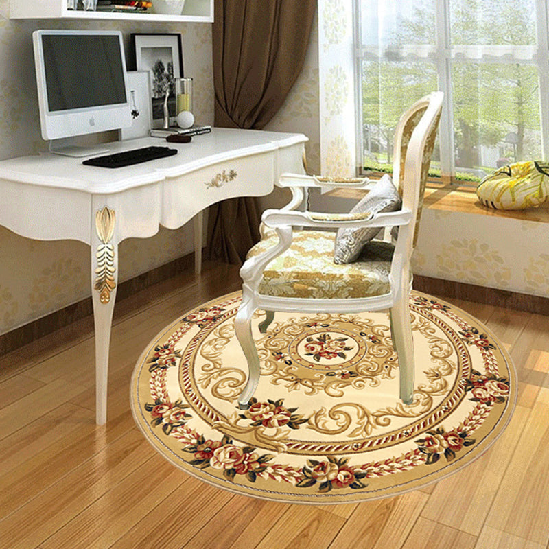 Round Yellow Tone Retro Carpet Polyester European Print Rug Non-Slip Backing Indoor Rug for Bedroom