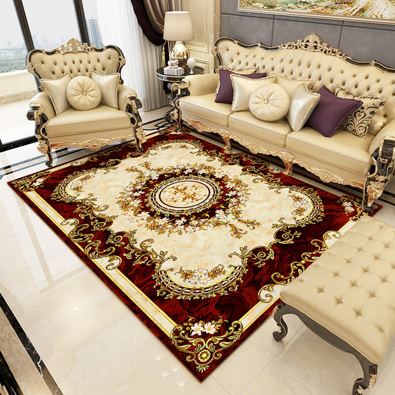 Apricot Tone Classic Indoor Rug Polyester Flower Print Carpet Easy Care Rug for Home Decoration