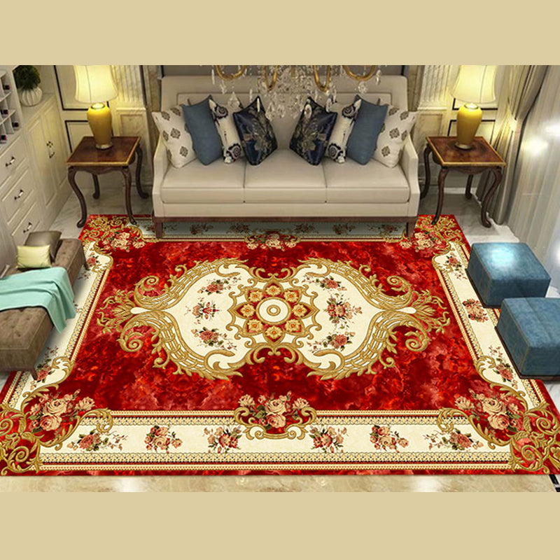 Apricot Tone Classic Indoor Rug Polyester Flower Print Carpet Easy Care Rug for Home Decoration