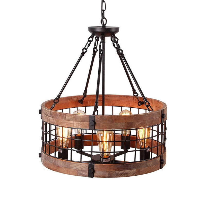 Industrial Vintage Drum Pendant Light Wrought Iron 5-Light Hanging Lamp for Dining Room