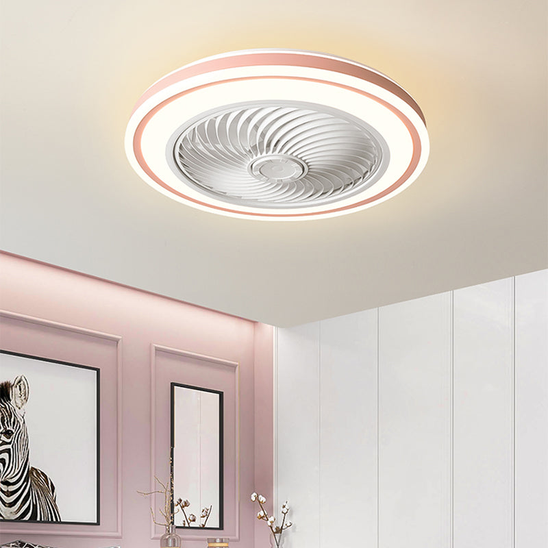 Remote Control Round Ceiling Fan Light Fixture Macaron Metal LED Semi Flush Mount Lamp for Bedroom