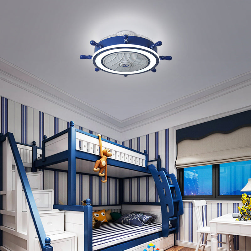 Éclairage de ventilateur de gouvernail bleu marine Méditerranéen LED acrylique Semi Flush Mount Plafond Light for Boys Room