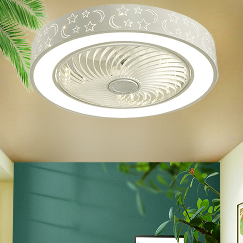 Modern Drum Shaped Fan Lamp Acrylic LED Bedroom Semi Flush Light in White with Remote