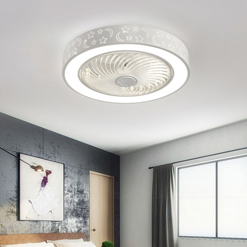 Modern Drum Shaped Fan Lamp Acrylic LED Bedroom Semi Flush Light in White with Remote