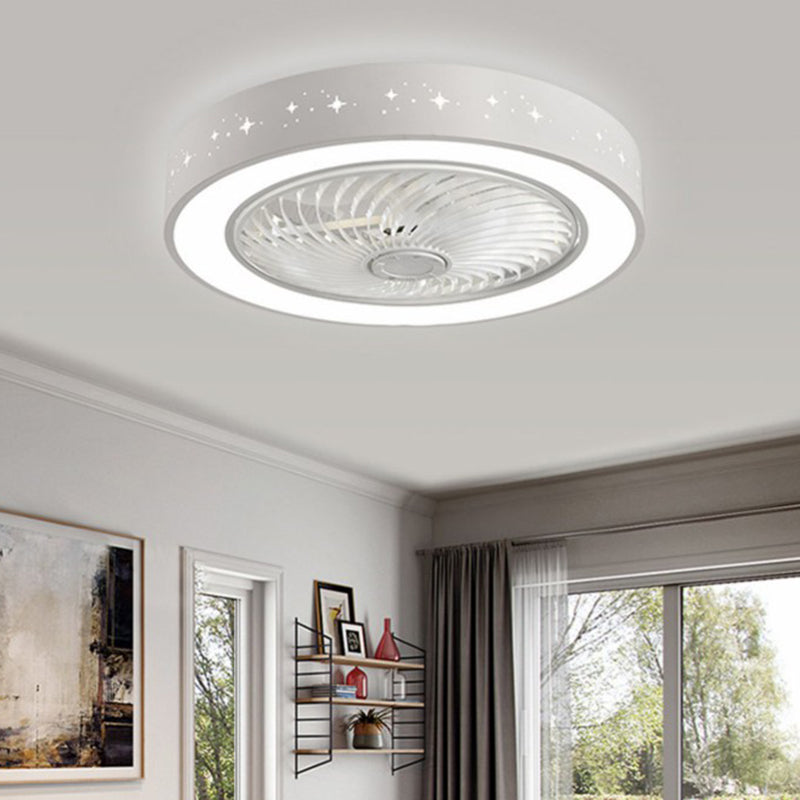 Modern Drum Shaped Fan Lamp Acrylic LED Bedroom Semi Flush Light in White with Remote