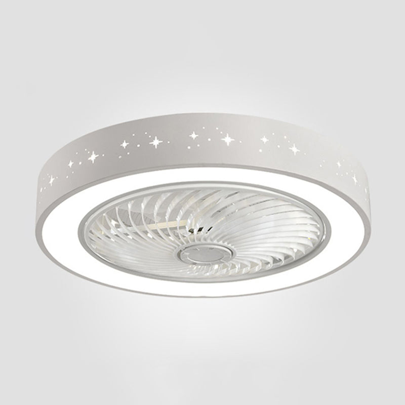 Modern Drum Shaped Fan Lamp Acrylic LED Bedroom Semi Flush Light in White with Remote