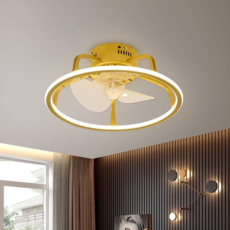 Gold Finish Circular Ceiling Fan Lamp Contemporary LED Metal Semi Mount Lighting for Bedroom