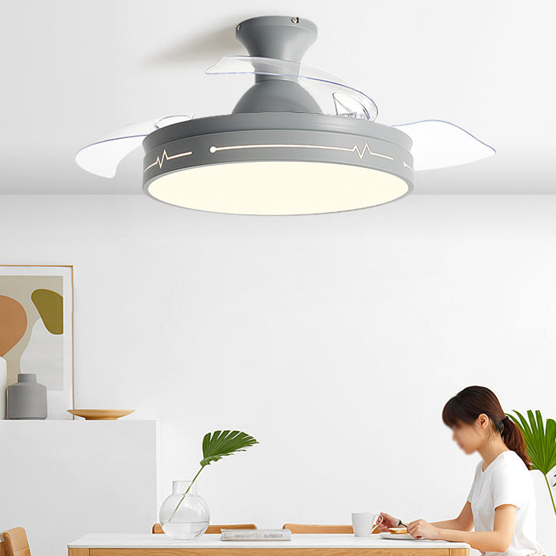 Nordic Drum Shaped Semi Flush Mount Fixture Acrylic Dining Room LED Ceiling Fan Light with Remote