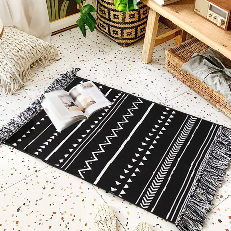 Bohemian Black Ameicana Pattern Rug Funky Cotton Blend Area Rug Fringe Carpet for Bedroom