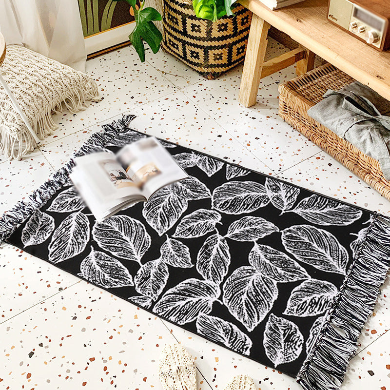 Bohemian Black Ameicana Pattern Rug Funky Cotton Blend Area Rug Fringe Carpet for Bedroom