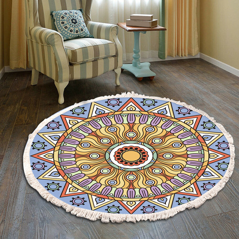 Round Bohemian Living Room Carpet National Pattern Area Rug Cotton Blend Fringe Carpet
