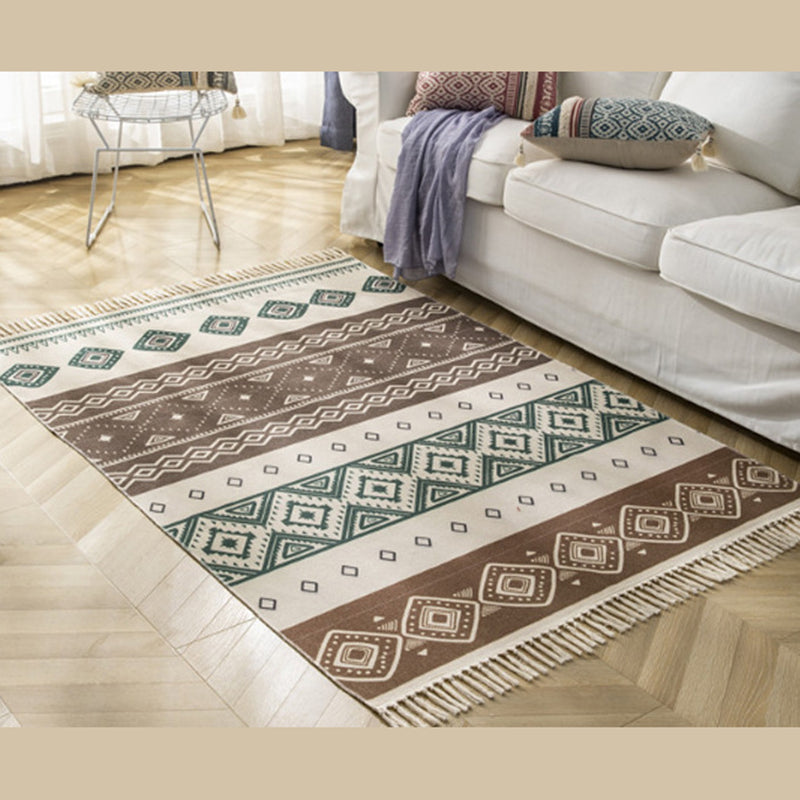 Vintage Americana Printed Rug Cotton Blend Area Rug Bohemian Fringe Indoor Carpet for Home Decor