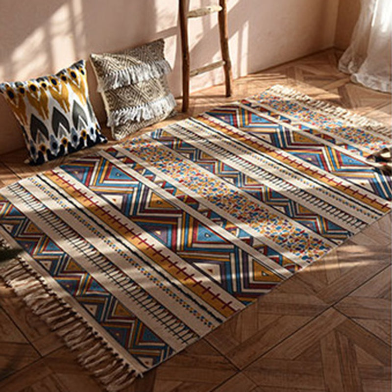 Vintage Americana Printed Rug Cotton Blend Area Rug Bohemian Fringe Indoor Carpet for Home Decor