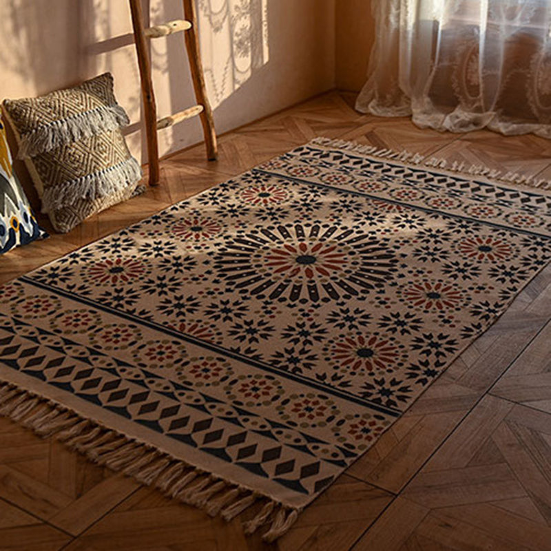 Vintage Americana Printed Rug Cotton Blend Area Rug Bohemian Fringe Indoor Carpet for Home Decor