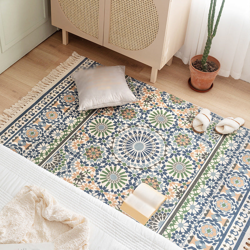 Fancy Bohemian Indoor Rug Cotton Blend Americana Print Area Carpet Fringe Rug for Home Decoration