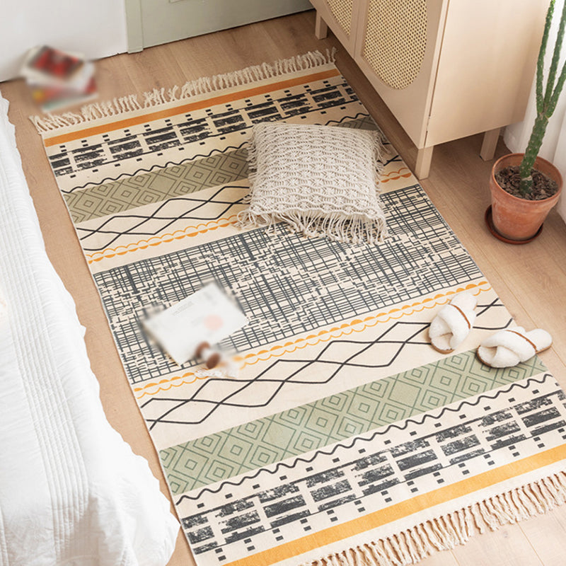 Fancy Bohemian Indoor Rug Cotton Blend Americana Print Area Carpet Fringe Rug for Home Decoration