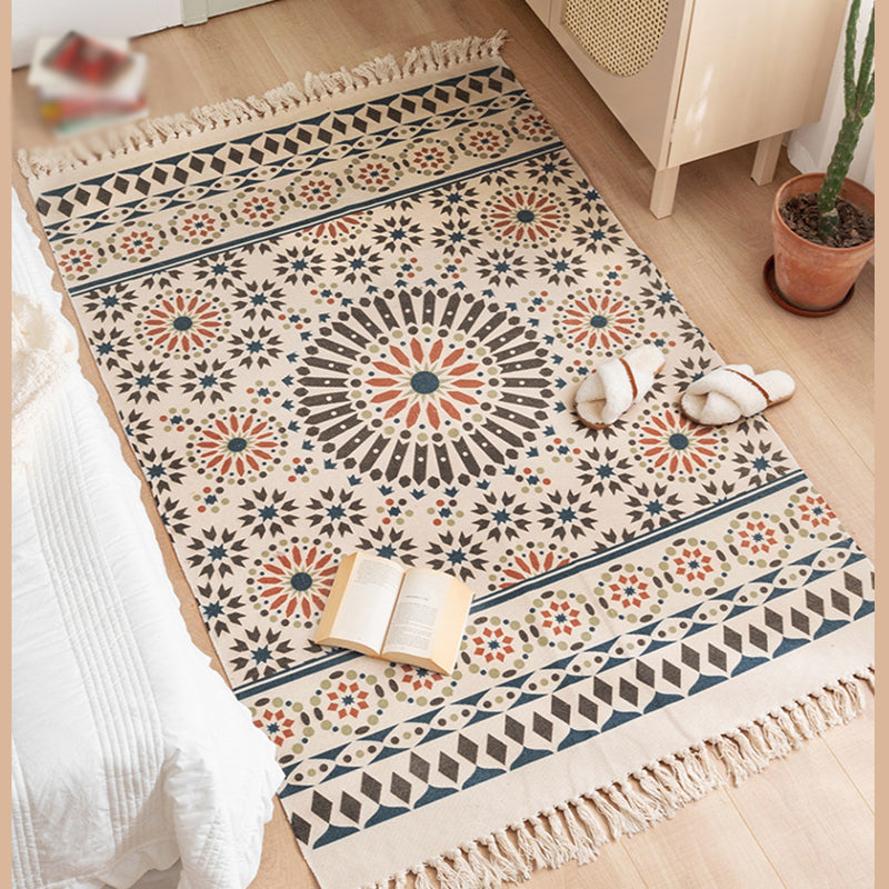 Fancy Bohemian Indoor Rug Cotton Blend Americana Print Area Carpet Fringe Rug for Home Decoration