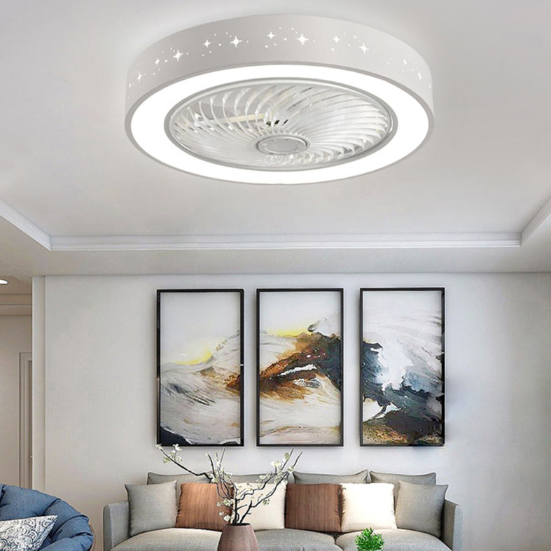 Modern Drum Shaped Fan Lamp Acrylic LED Bedroom Semi Flush Light in White with Remote