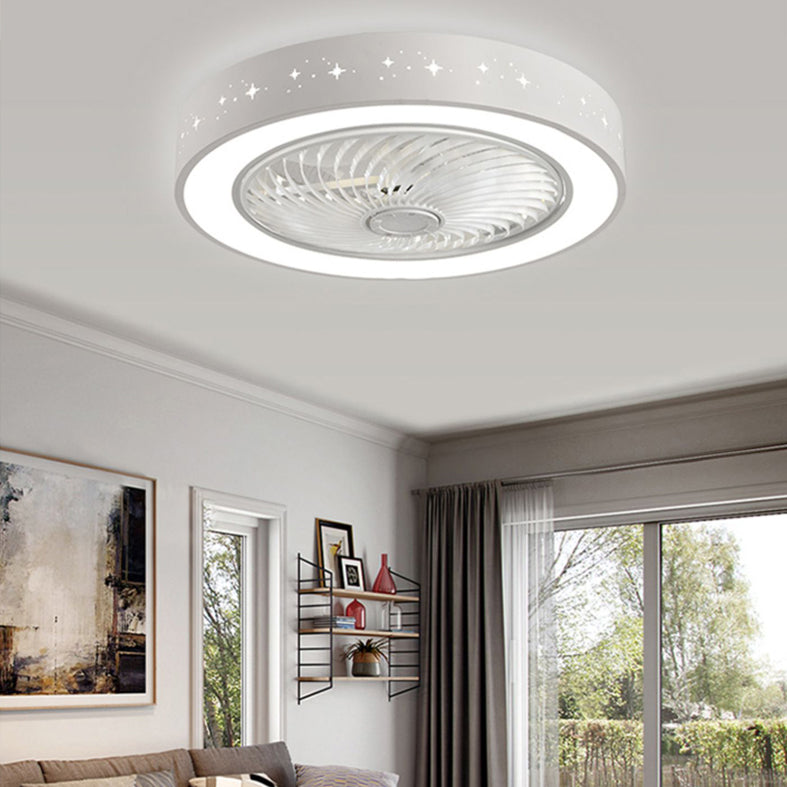 Modern Drum Shaped Fan Lamp Acrylic LED Bedroom Semi Flush Light in White with Remote